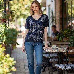 Y2K VINTAGE JENNY LIGHTWEIGHT COTTAGECORE EMBROIDERED SHORT SLEEVE SWEATER EUC